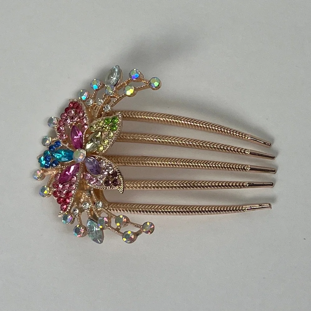 Rhinestone Hair Comb Gold Tone Flower Floral Jeweled‎ Hair Accessory Bridal Prom